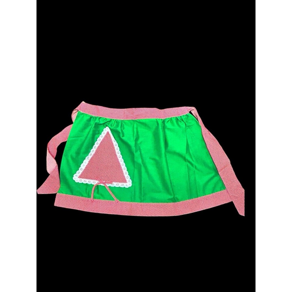Vtg Christmas Tree Green & Red Half Apron with Polka Dots Ruffled Tie Back